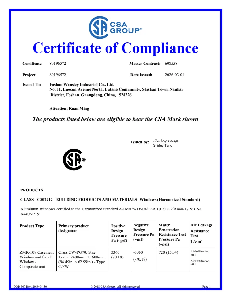 CSA · aluminum windows document