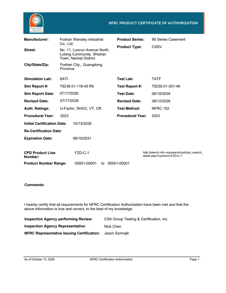 NFRC · 90 series casement document